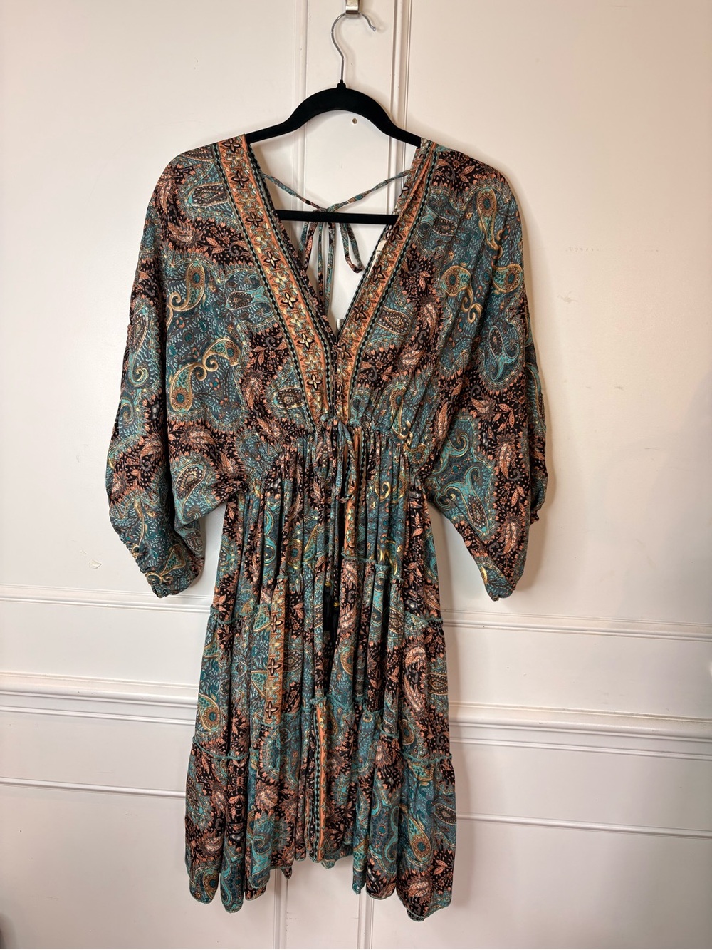 Paani Luv Boho Paisley V-Neck Tiered Mini Dress in Teal and Brown w gold accents